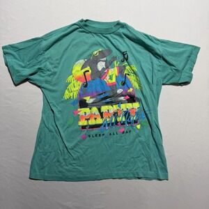 Vintage 80s Neon Shark DJ Party All Night Sleep All Day Teal Tee Shirt Medium